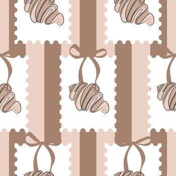 seamless pattern with croissants in sketch style in the shape of a stamp with a bow on a cork background with lines, for textiles, packaging or greeting cards vector