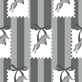 festive seamless pattern with a gray horse in a jumping moment with bows on a gray background with gray lines behind, for textiles, packaging or greeting cards vector