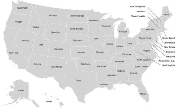 Grey Map of USA With States Labelled in Full Names vector