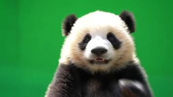 An adorable baby panda cub with a curious expression looks directly at the camera, captured in a studio setting against a vibrant green screen background, ready for playful visual projects video