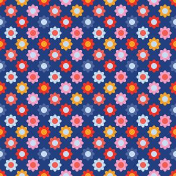 Retro seamless pattern with colorful simple flowers on a blue background vector