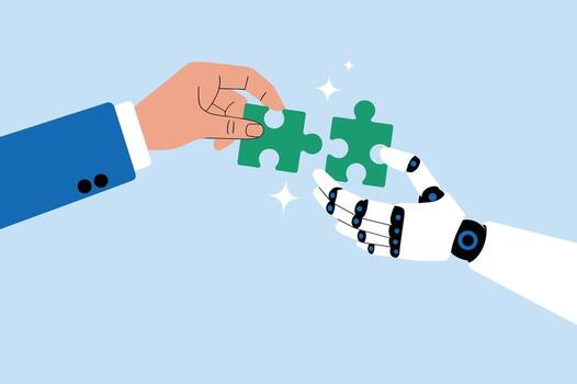 Human and Robot Hand Connecting Puzzle Pieces. Artificial Intelligence Collaboration and Innovation Concept. vector