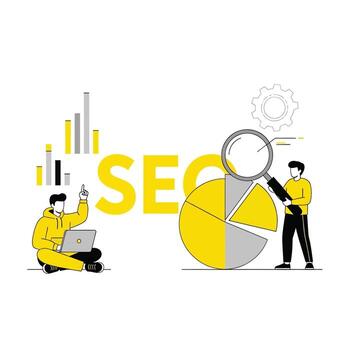 Flat illustration of seo analysis optimization concept, team working on search engine optimization vector