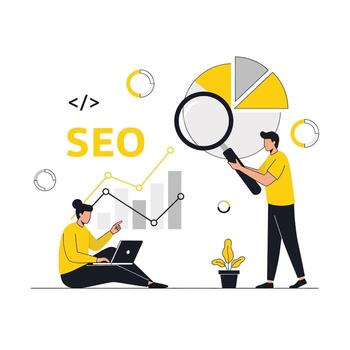 Flat illustration of seo analysis and optimization concept, team working on search engine vector