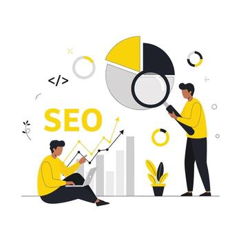 Flat illustration of seo optimization concept with people analyzing data vector