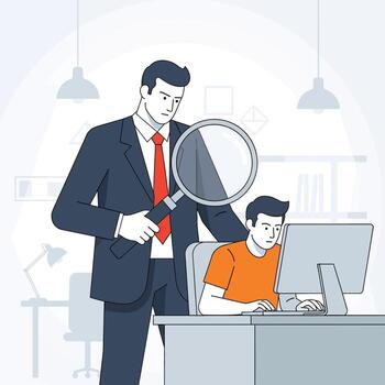 Flat illustration of boss watching employee working on computer vector