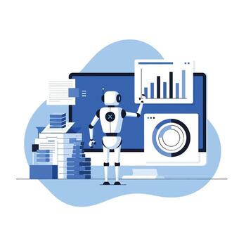 Flat illustration of robot analyzing data on computer screen vector