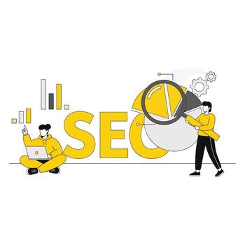 Flat illustration of people working on seo optimization and analysis vector