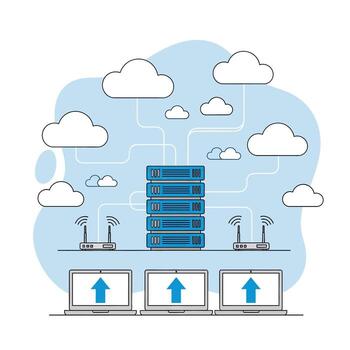 Flat illustration of cloud computing network with server and laptop vector