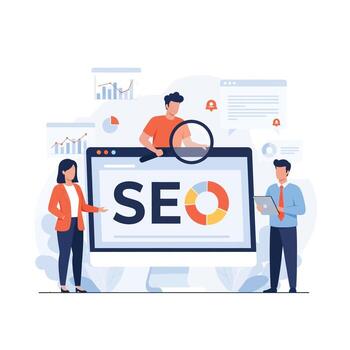 plano ilustración de equipo analizando seo datos en un computadora pantalla vector