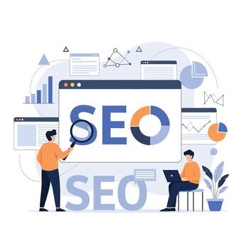Flat illustration of two people working seo optimization and analysis vector