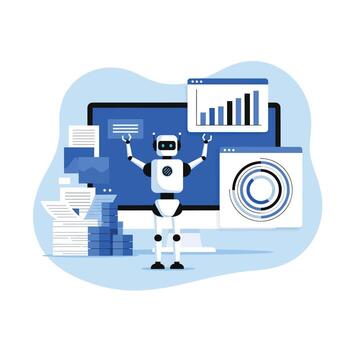 Flat illustration of robot assistant working with data and charts vector