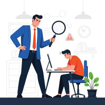 Flat illustration of boss with magnifier looking at employee working on computer vector