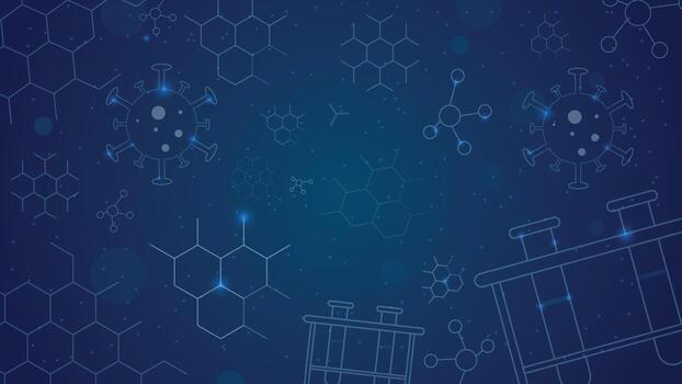 Modern abstract science background showing molecular structures virus shapes and laboratory equipment with glowing particles on a blue digital chemistry and research theme. vector