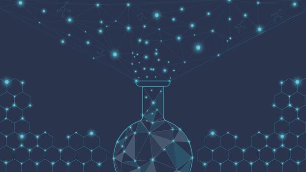 resumen digital química antecedentes presentando un brillante poligonal matraz con brillante conectado molecular líneas y hexagonal patrones en un futurista Ciencias y tecnología tema. vector