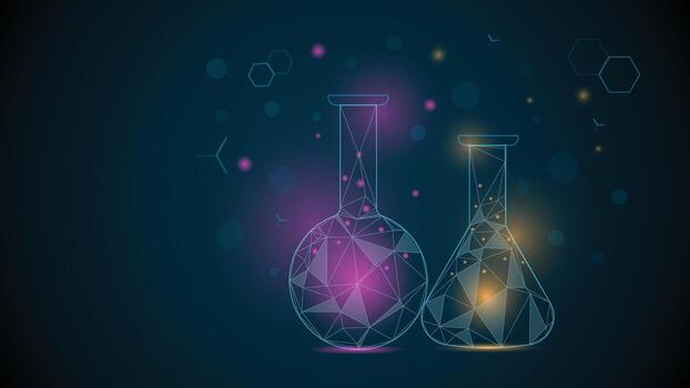 Modern abstract chemistry background showing glowing polygonal laboratory flasks with colorful lights and digital geometric patterns on a dark futuristic science theme. vector