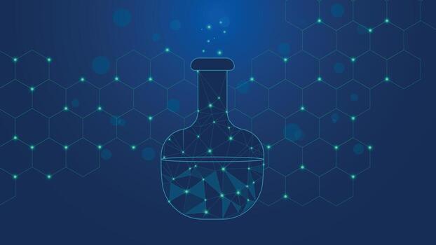 Futuristic chemistry background featuring a glowing polygonal laboratory flask and hexagonal molecular network pattern on a blue digital science and technology theme. vector