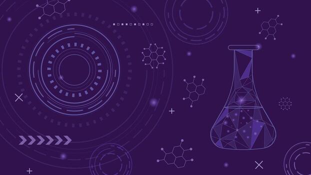 Abstract futuristic chemistry background featuring a glowing polygonal flask molecular structures and circular digital patterns on a modern purple science and technology theme. vector