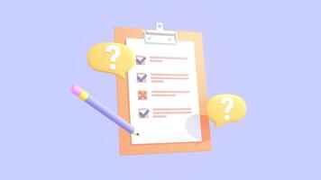 animado questionário prancheta, para Faz Lista com marcas de seleção, questão marca símbolo, entrevista, lista, enquete. conceptual 3d animação. video