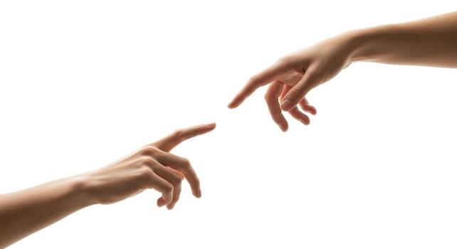 Two hands reaching out to each other on a white background photo