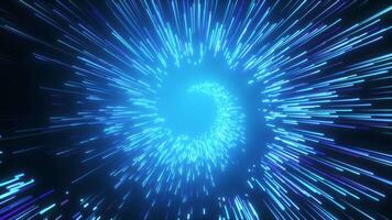 Blue glowing particle vortex with fast energy motion and depth. Abstract digital background with dynamic sci-fi tunnel effect in 4K. video