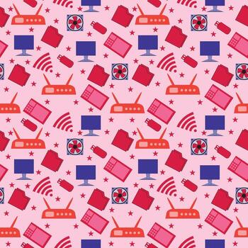 moderno sin costura tecnología antecedentes presentando enrutadores laptops monitores carpetas y USB unidades en rosado Perfecto para digital diseño computadora temas y tecnología inspirado huellas dactilares vector