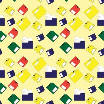 creativo sin costura oficina modelo presentando vistoso carpetas flexible discos y sobres en ligero amarillo antecedentes ideal para negocio papelería digital almacenamiento y espacio de trabajo temática diseños vector