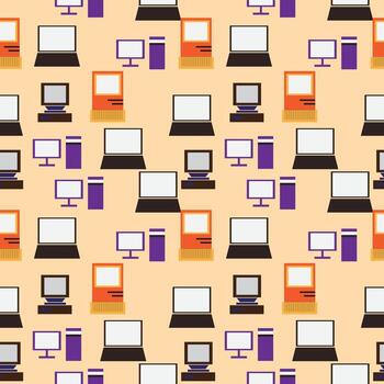 Modern seamless computer pattern featuring desktops laptops and servers in orange purple and brown tones on beige background perfect for tech themes digital designs and web projects vector