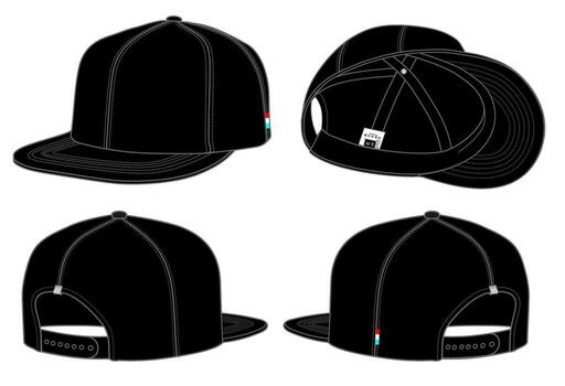 Professional black snapback cap design with realistic stitching details and modern style. Includes front, back, side, and inside views. Perfect for streetwear, fashion, and apparel mockup projects. vector
