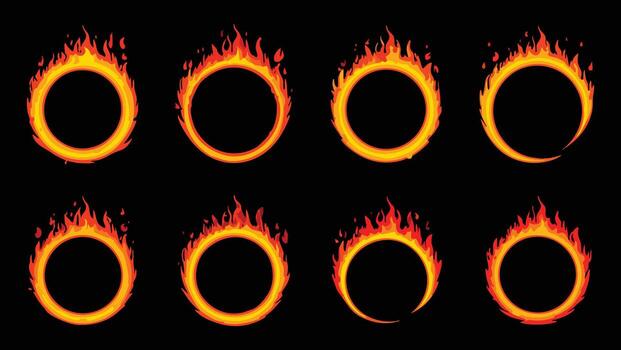 Fire ring animation set, flaming circle frame design elements graphic vector