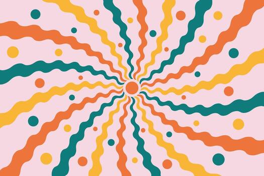 Swirl groovy starburst with wavy rays illustration. Spiral candy striped design with dots. Carnival radial abstract background. vector