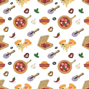 Pizzeria seamless pattern with pizza boxes, slices and cooking tools for wrapping paper vector