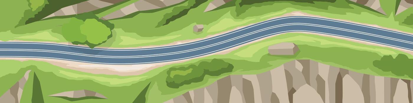 encima ver de vacío asfalto curvas la carretera camino. corte mediante un naturaleza sendero en el cresta. en ambos lados de el la carretera son acantilados cubierto con verde césped. alterno con acantilados vector