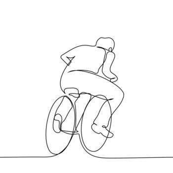 hombre montando un bicicleta propensión adelante, sin ropa, visto desde el espalda - uno continuo línea, aislado en blanco. un adulto en un mal ajustado bicicleta es en un prisa vector