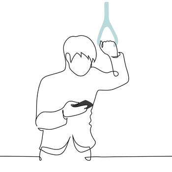 man in a jacket holding a phone while holding a subway car handrail - one continuous line isolated on white. Traveling by public transport, bus, train, to or from work vector