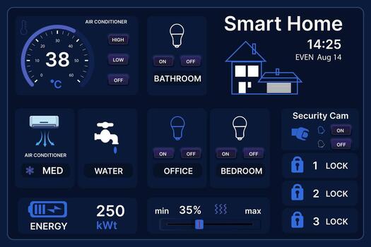Smart home control panel interface. Modern house automation dashboard with climate control and security systems. vector