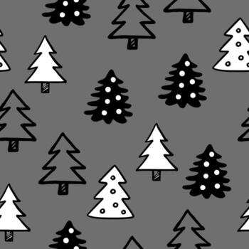 Seamless pattern with Christmas trees in doodle style on a gray background vector