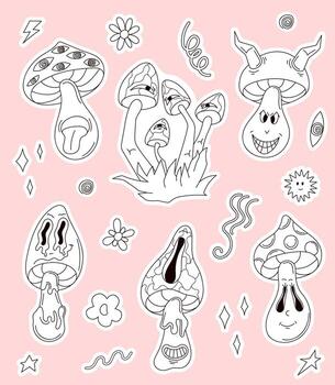 Mushroom groovy character sticker set in groovy line art style. Psychedelic collection with retro element and funny face. Trippy surreal set on a pink background. vector