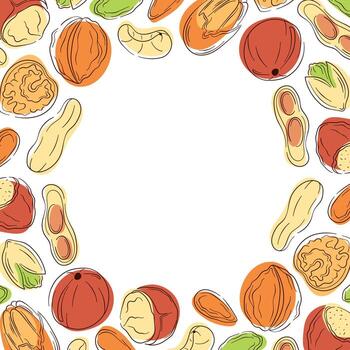 Frame with nut, almond, cashew, peanut, walnut, hazelnut and pecan in flat style. Design for grocery store package with empty center space. vector