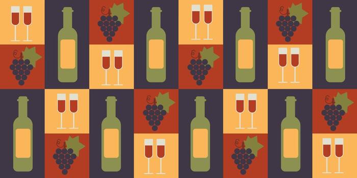 Abstract geometric pattern with blue, yellow, and red squares featuring wine bottles, glasses, and grape bunches. Perfect for modern wine-themed designs and backgrounds. vector
