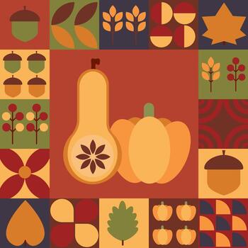 Orange pumpkins surrounded by geometric shapes and autumn leaves on an abstract square background. Minimal Bauhaus composition perfect for modern fall design. vector