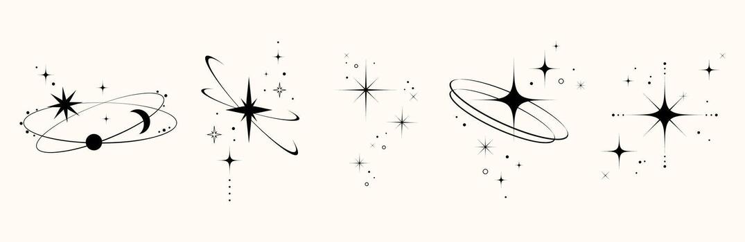 mínimo celestial orbita y estrella elementos conjunto en retro estilo. resumen y2k de estrella formas, destellos, orbita elementos para digital diseño, pegatinas, marca, carteles, logo, emblema, tatuaje diseño. vector
