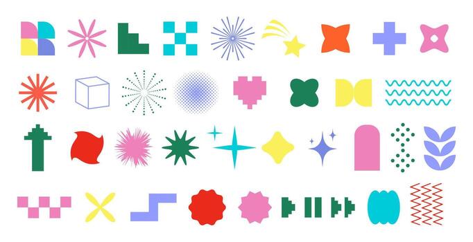 Abstract geometric shapes signs symbols set in flat modern style on white. Minimal retro icons in pop art and Memphis design, for branding, posters, UI design, packaging, and creative projects vector