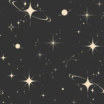 Seamless retro style space pattern with stars, planets, and orbit lines on a dark background for fabric prints, wallpapers, packaging, digital design, stationery, and cosmic themed branding. vector