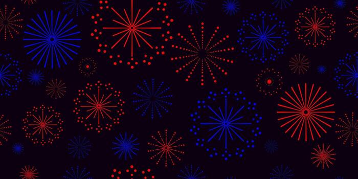 sin costura fuegos artificiales modelo con rojo y azul radial estallidos en oscuro antecedentes temas en mínimo estilo, para celebracion, evento pancartas, envase papel, textiles, invitaciones, fiesta gráficos.vecto vector