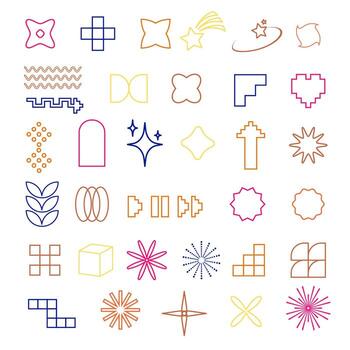 Abstract geometric line icons stars, cubes, arrows, spirals, flowers, hearts, and shapes in retro Memphis style for digital design, branding, web UI, presentations, posters, creative projects. vector
