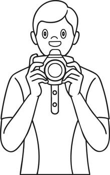 Young man holding dslr camera capturing a moment with enthusiastic smile and friendly expression vector