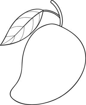 Simple outline drawing of ripe mango fruit with single leaf and stem minimal tropical fruit artwork for design projects vector