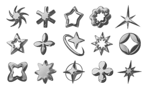 Y2k 3d chrome halftone stars shape retro abstract elements illustration set. vector