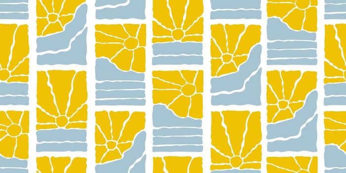 Groovy Sun Seamless Pattern Set. Wavy Geometric Sunshine in 60s, 70s. Retro Abstract Background in Freehand Hippie Style for design, wrapping paper and fabric printing vector